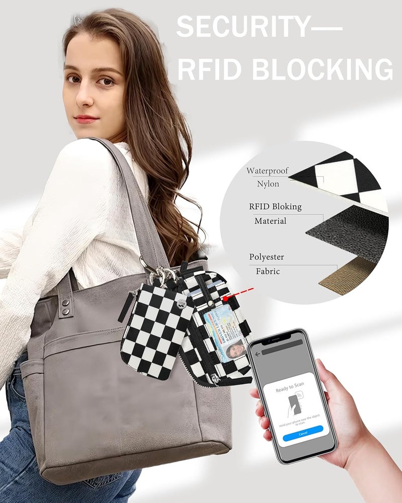 Sunpour Store Nylon Wristlet Checkered Wallets, Dual Pouch Keychain Wristlet Wallet, RFID Small Wallet With Coin Pouch,ID Window For Travel (Black+White) - Image 5